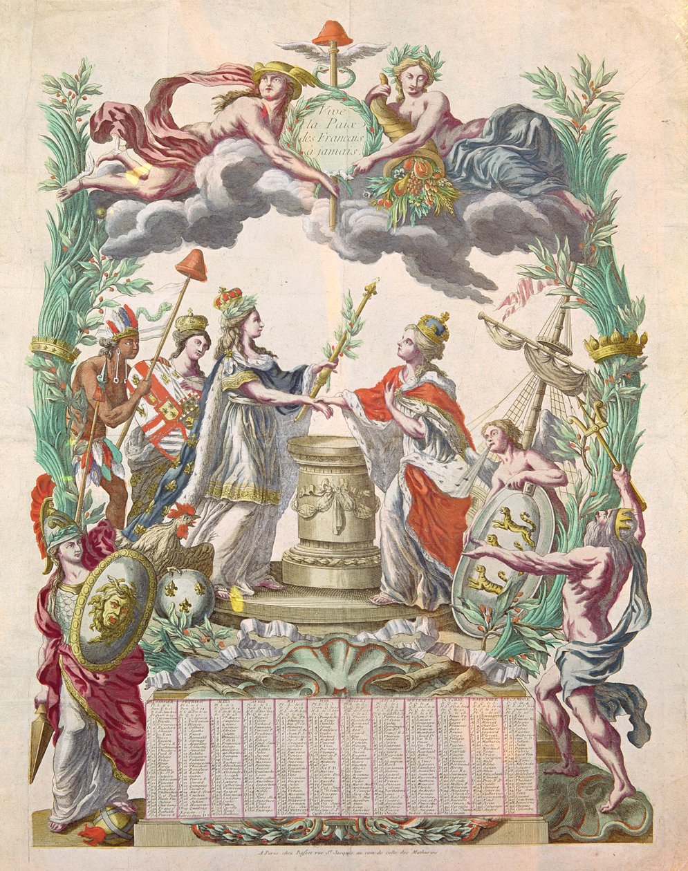 Kalender för året 1783 till minne av Versaillesfördraget 1768 där Amerika fick sin självständighet av French School