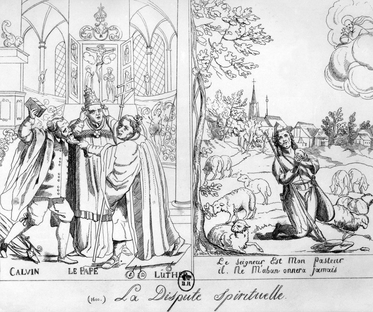Karikatyr som skildrar en andlig tvist mellan påven Leo X (1476-1521) Martin Luther (1483-1546) och Johannes Calvin (1509-64) 1838 av French School