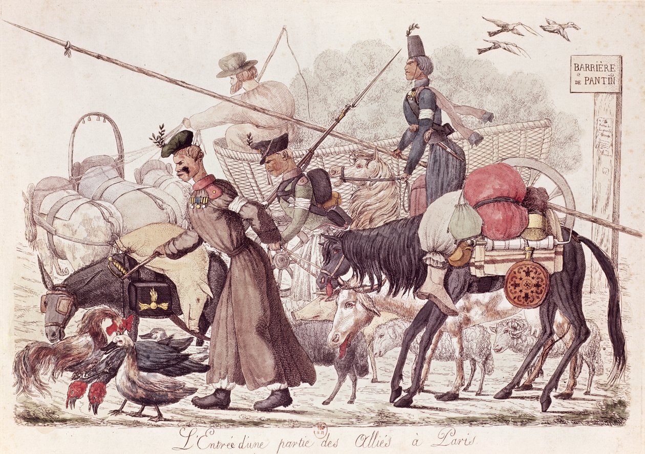 Karikatyr som visar en del av de allierade truppernas intåg i Paris, 1814 (färgad etsning) av French School