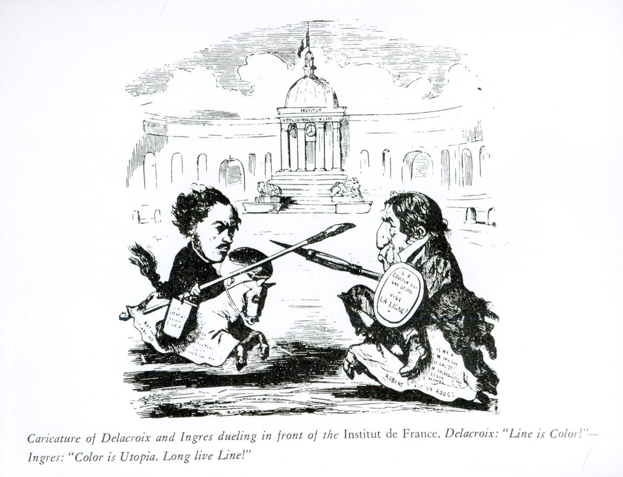 Karikatyr av Delacroix och Ingres som duellerar framför Institut de France, ca 1828 av French School
