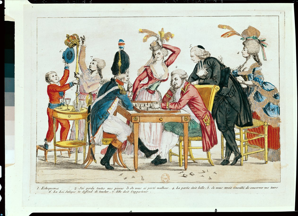 Karikatyr av Ludvig XVI (1754-93) som spelar schack med en soldat från nationalgardet av French School