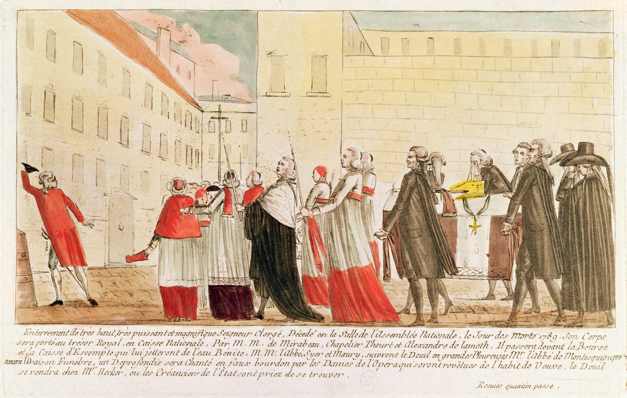 Karikatyr av begravningen av prästerskapet efter nationaliseringen av kyrkans egendom, 1789 (penna och bläck och wc på papper) av French School