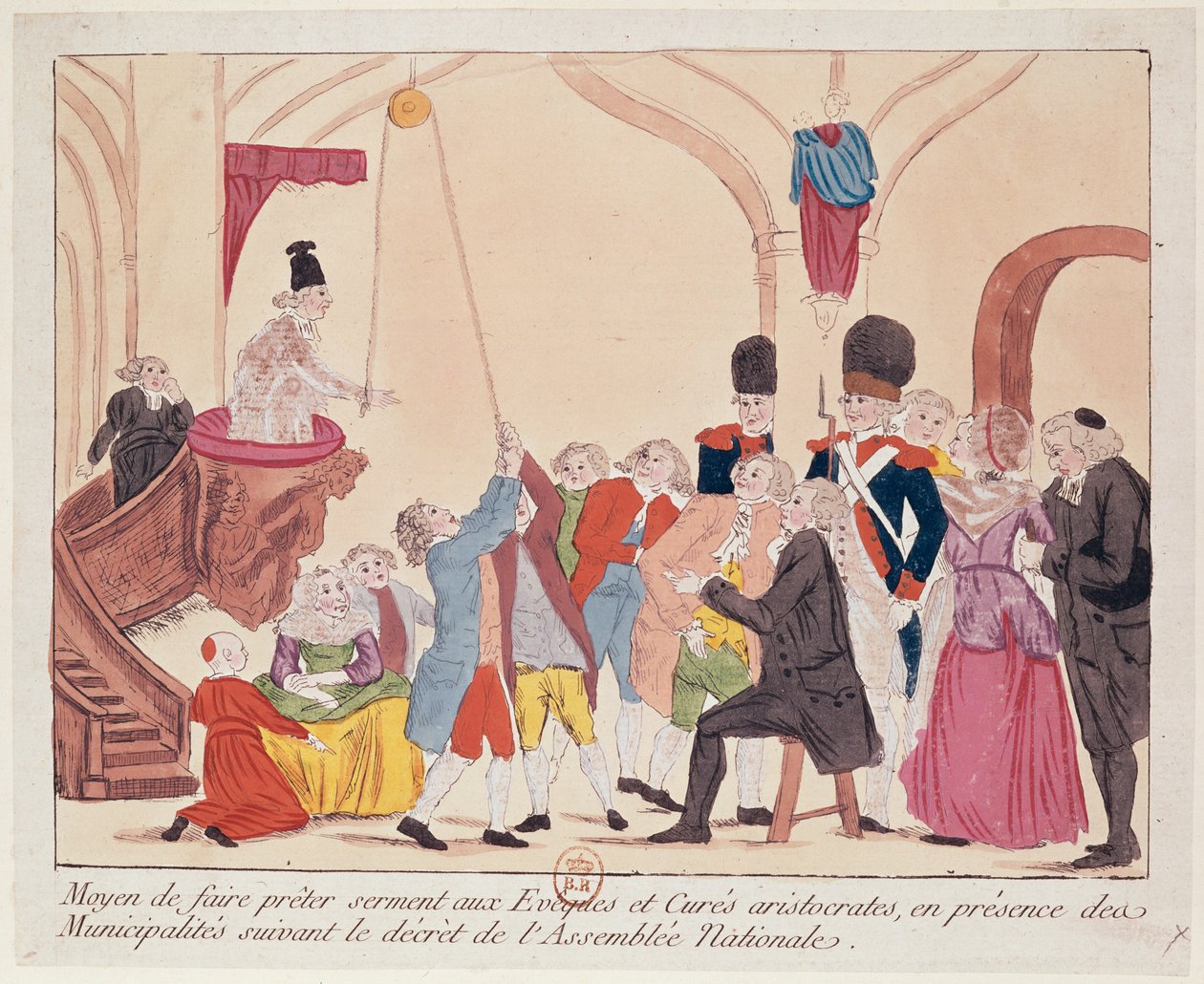 Karikatyr av hur aristokratiska biskopar och präster skulle svära eden för den borgerliga konstitutionen om kyrkan, slutet av 1700-talet (penna och bläck samt wc på papper) av French School