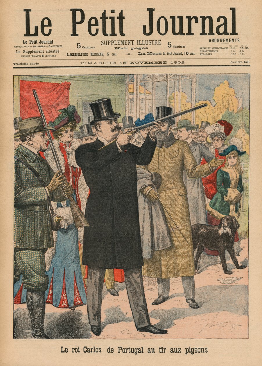 Carlos I, kung av Portugal och Algarverna, riktar ett gevär mot duvor, illustration på omslaget från "Le Petit Journal", supplement illustre, 16 november 1902. av French School