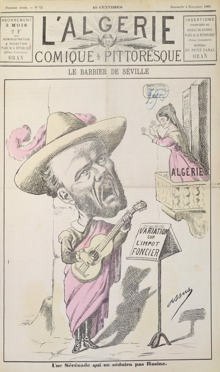 Tecknad serie som föreställer Frankrike som försöker förföra Algeriet på ämnet stämpelskatt, framsidan av LAlgerie comique et pittoresque, Oran, söndagen den 4 november 1883 av French School