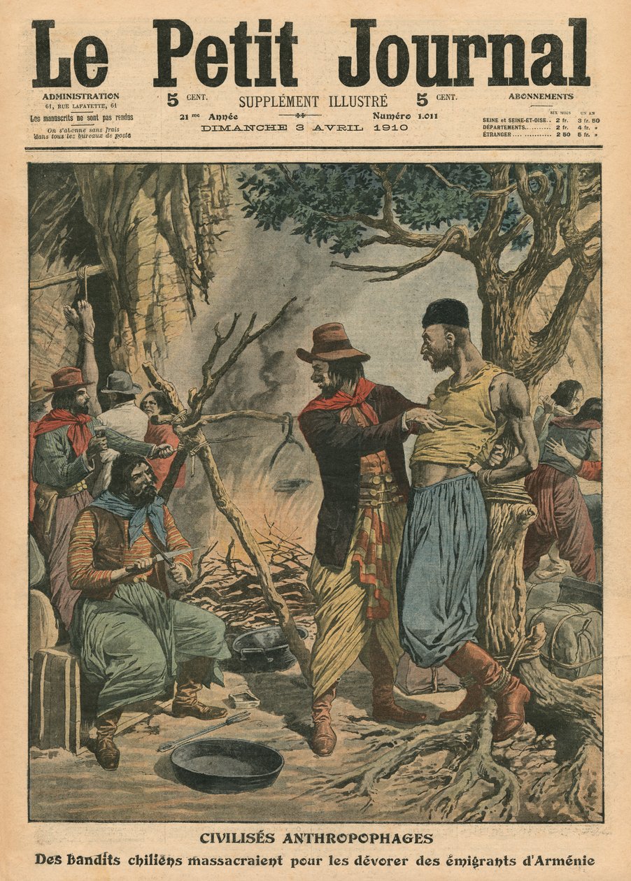 Chilenska banditer som slukar armeniska emigranter, illustration från "Le Petit Journal", supplement illustre, 3 april 1910. av French School