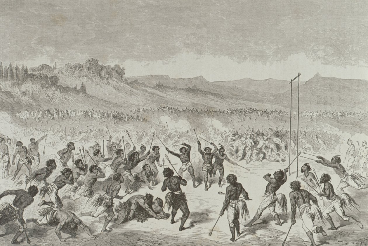 Choctaw-indianer spelar bollspel på 1850-talet, från "Le Tour du Monde", publicerad i Paris på 1860-talet. av French School