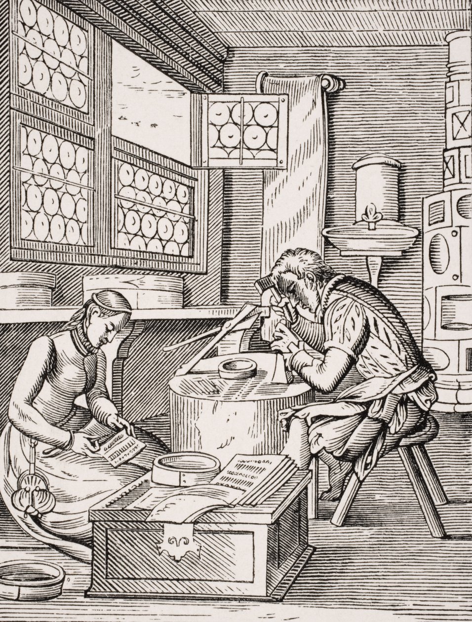 Spänningsmakare, reproduktion av ett träsnitt av Jost Amman (1539-91) från "Le Moyen Age et La Renaissance" av Paul Lacroix (1806-84), publicerad 1847. av French School