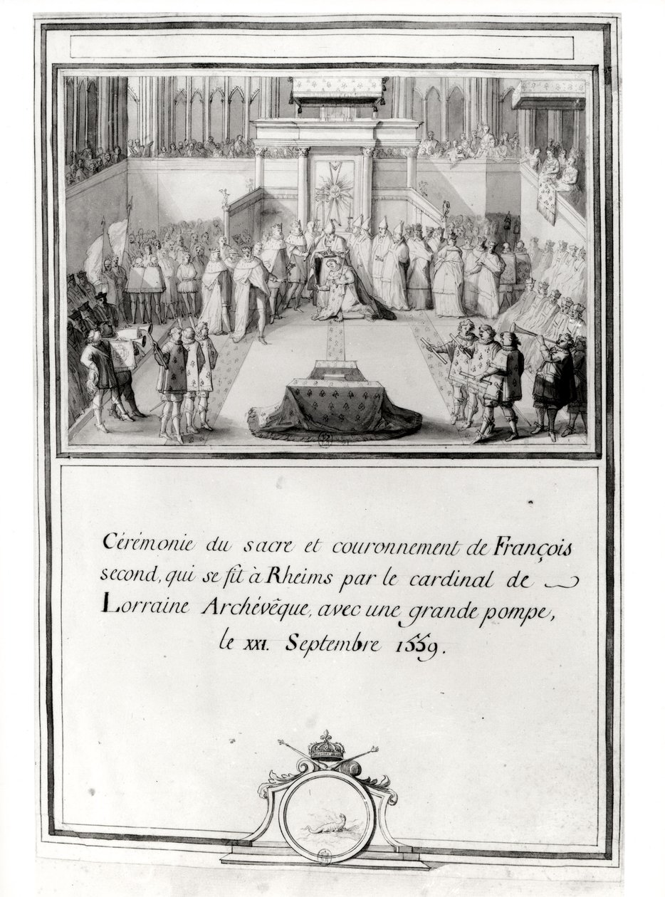 Kröning av Franciskus II (1544-60), 21 september 1559 i Reims av ärkebiskopen kardinal de Lorraine av French School