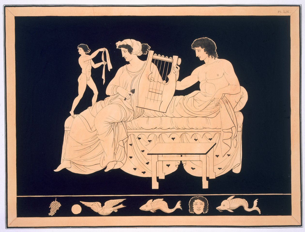 Par som kopplar av med en lyra, publicerad 1808-10 88:illustration från en bindning av Peintures de Vases Antiques Vulgairement Appeles Etrusques av Aubian Louis Millin de Grandmaison, med I av French School