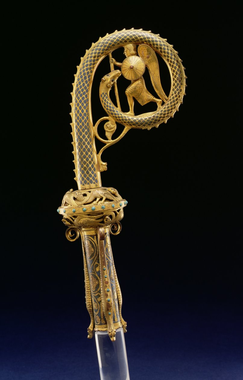 Crozier Head: Saint Michael and the Dragon, 1210-25 (förgylld koppar med champleve-emaljering) av French School
