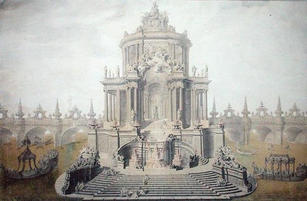 Dekorationsdesign för firandet av bröllopet av Dauphin Louis av Frankrike (1729-65) 1745 (wc & gouache på papper) av French School