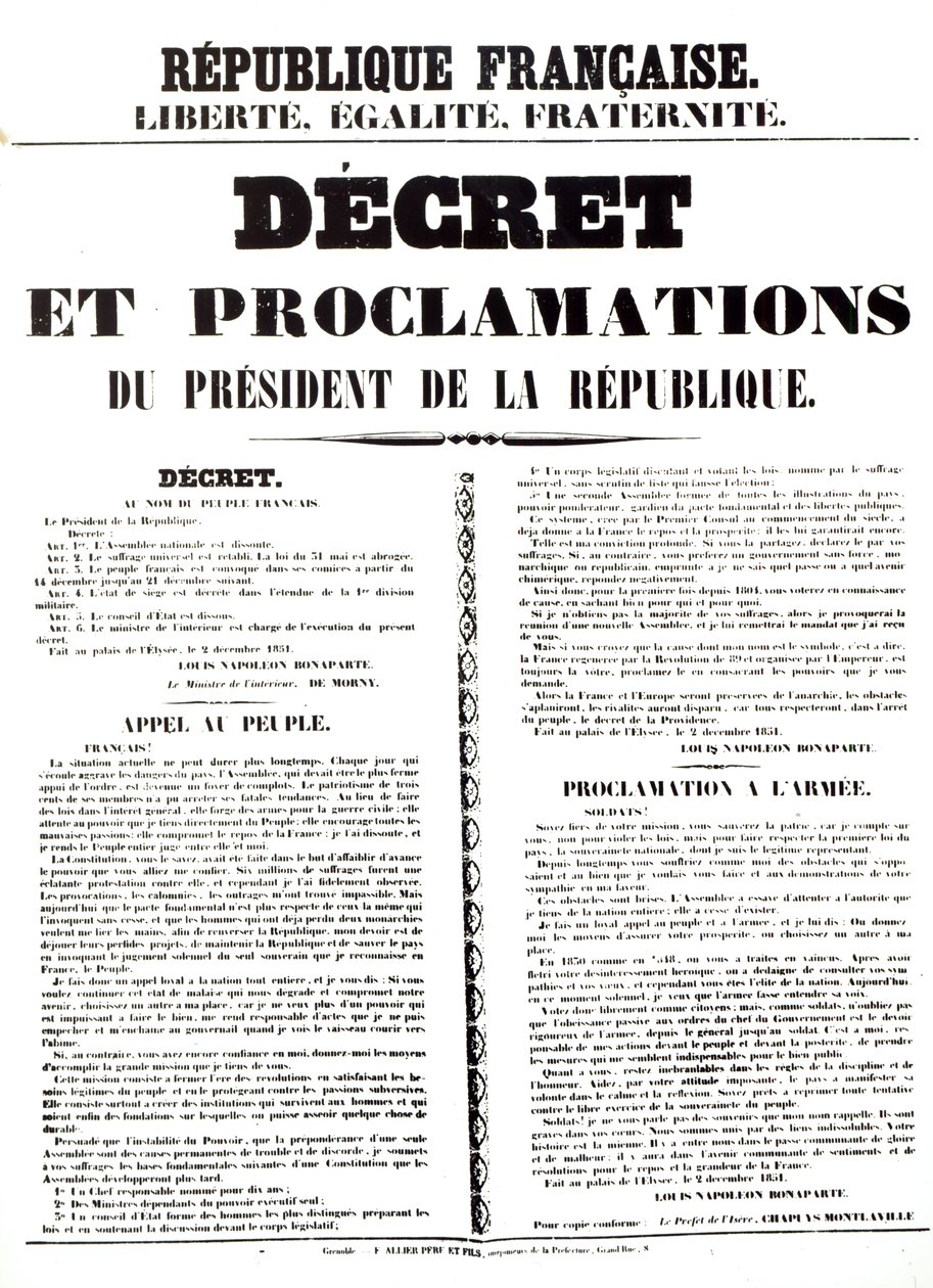 Dekret och kungörelse av Louis Napoleon Bonaparte III (1808-73), republikens president, 2 december 1851 av French School