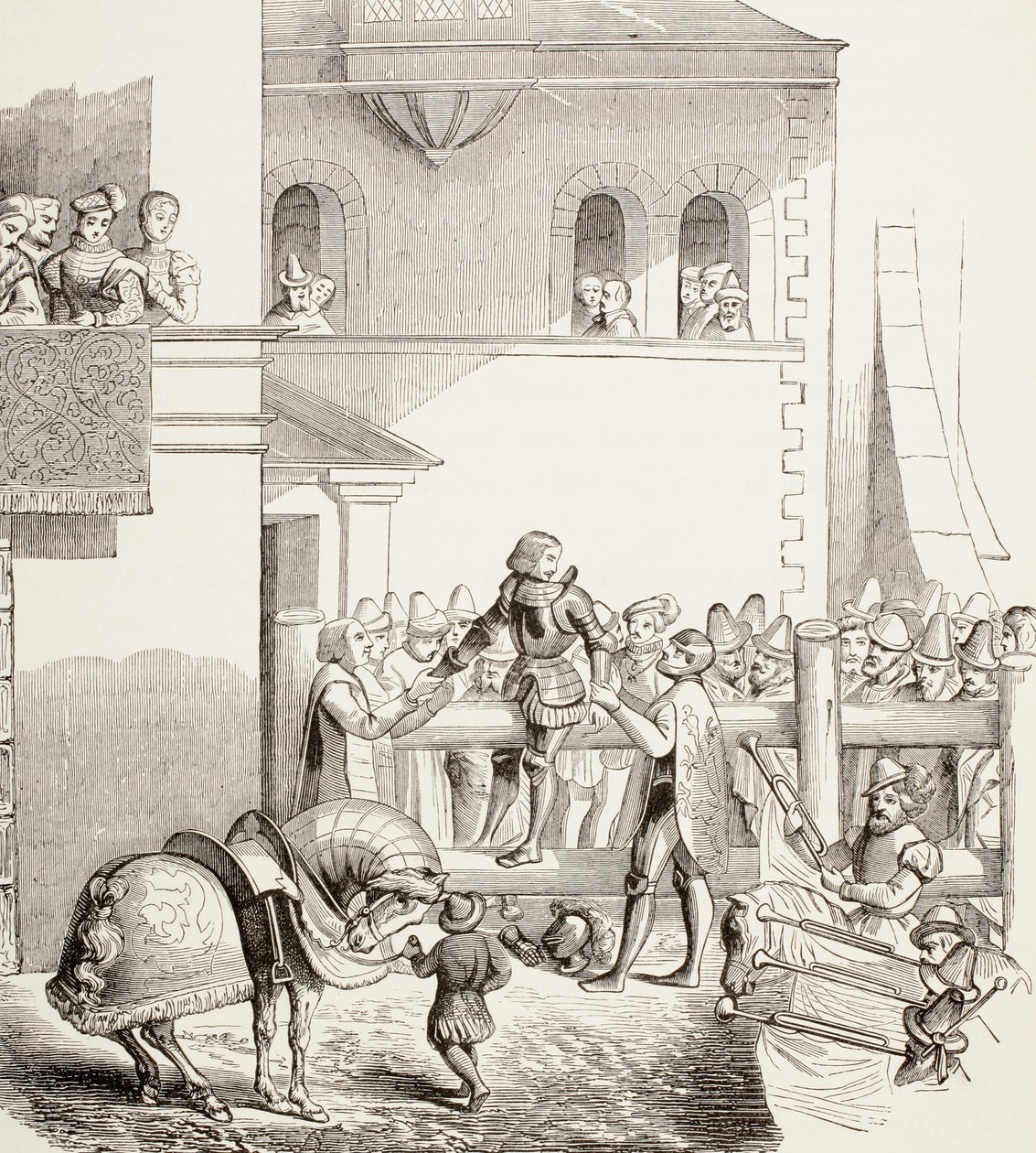 Degradering av en riddare, från "Militärt och religiöst liv under medeltiden" av Paul Lacroix, publicerad i London ca 1880 av French School