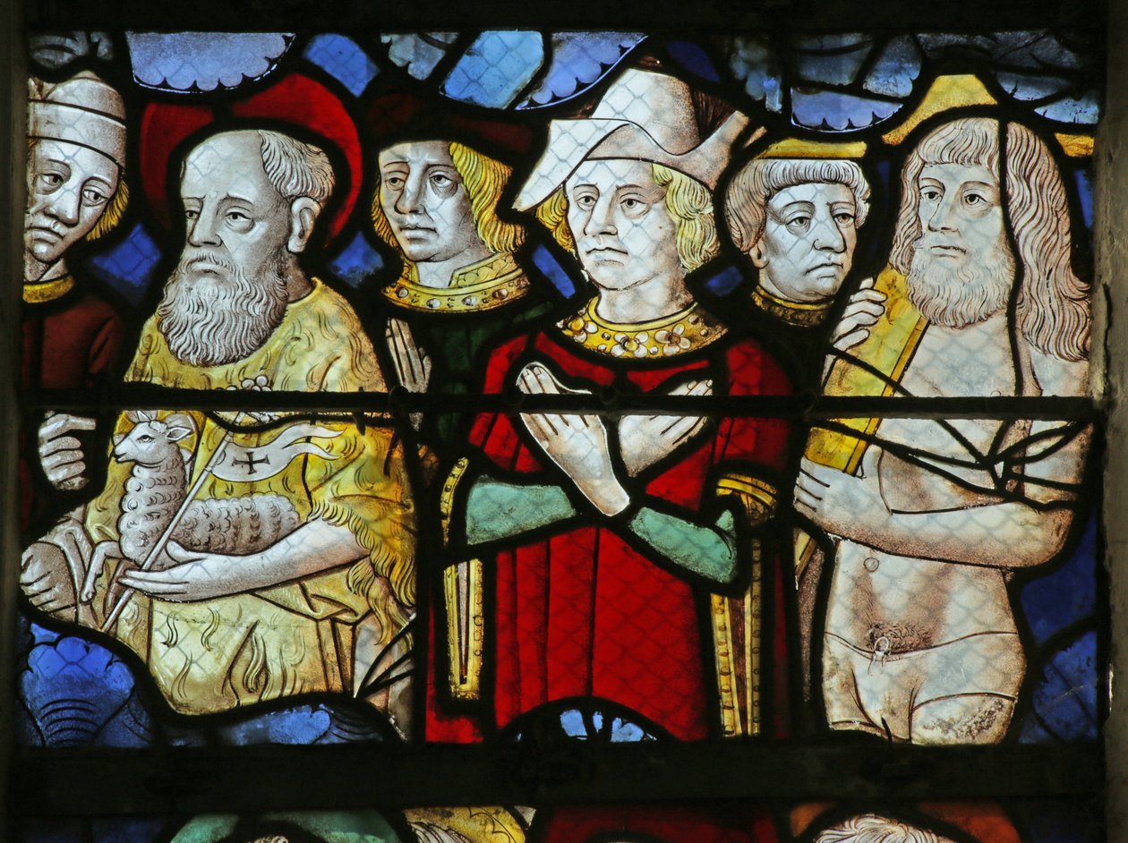 Detalj av fönstret som visar människor vid Kristi andra ankomst, 1470-1500 (detalj av 2921838) av French School