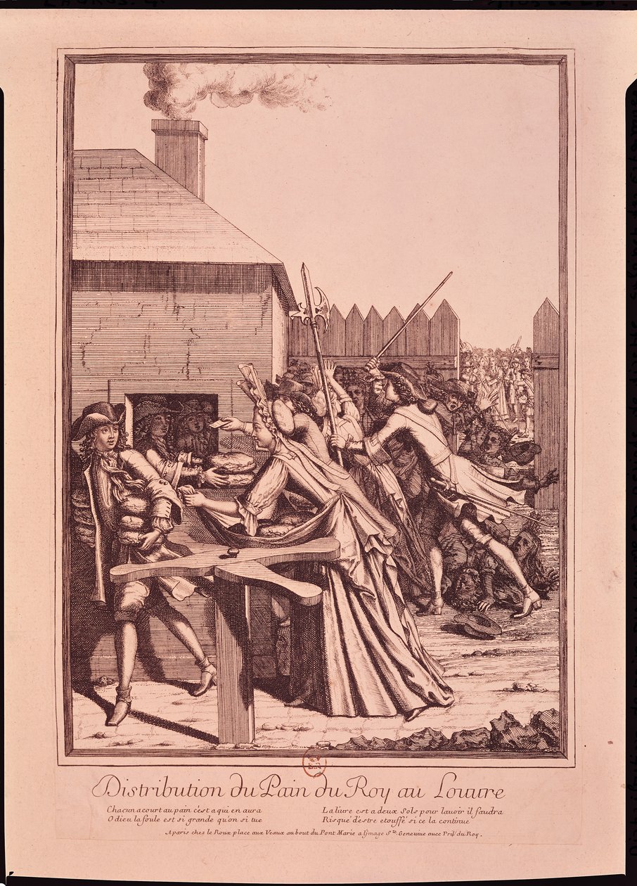 Utdelning av bröd på Louvren under livsmedelsbristen, 1709 av French School
