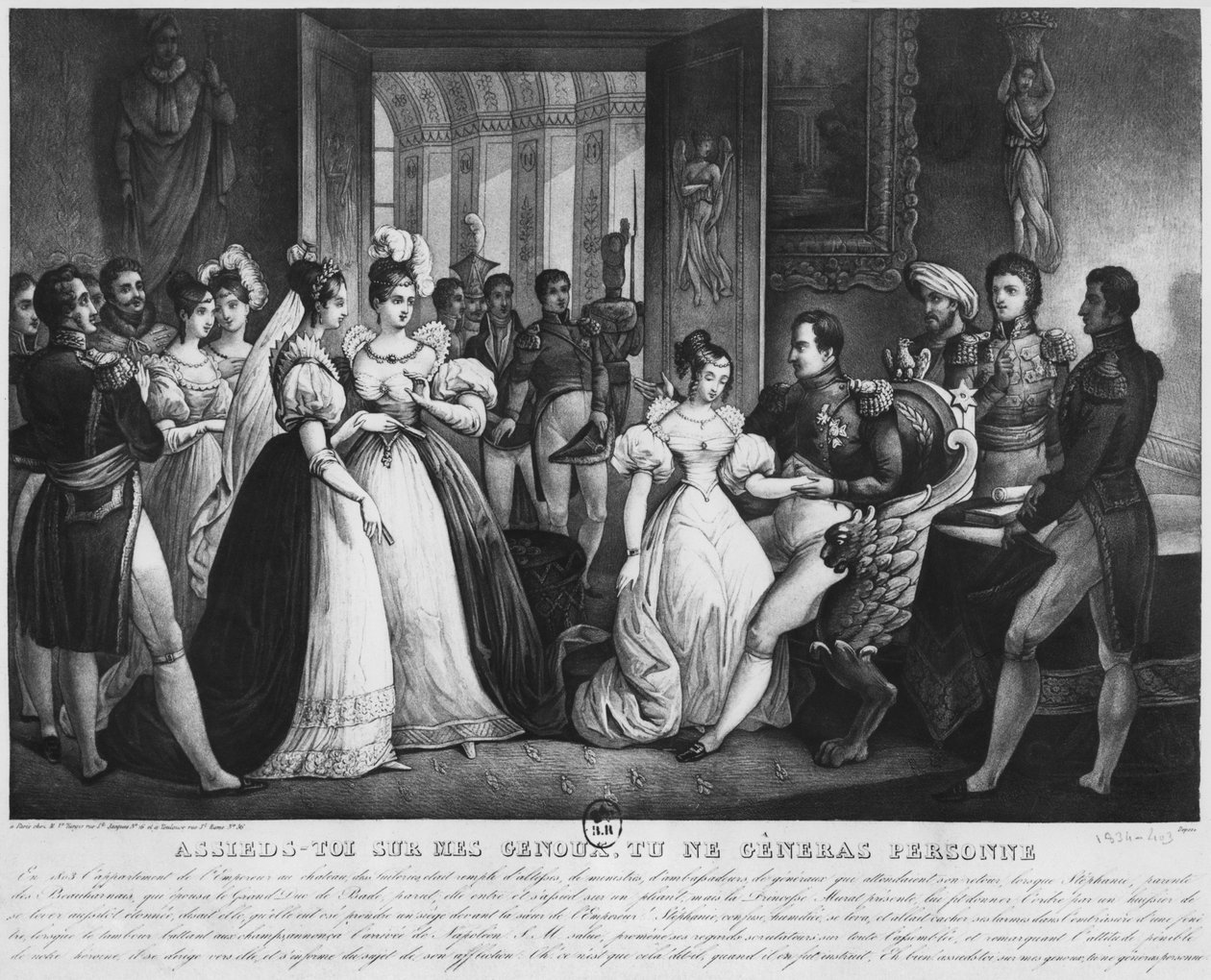"Sätt dig ner på mina knän, det kommer inte att störa någon" eller en domstolsplats, 1803 (gravyr) (bw foto) av French School
