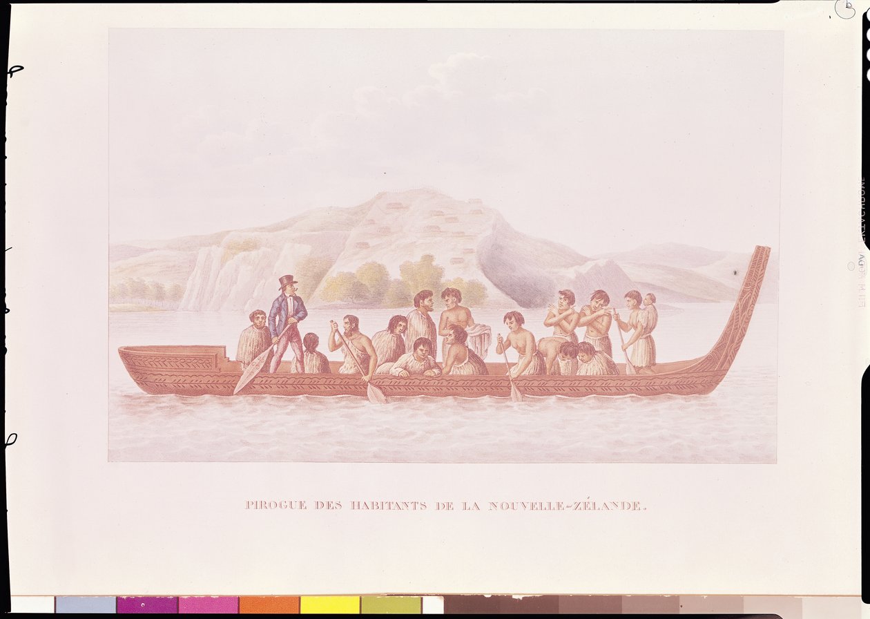 Dugout kanot lotsad av infödda i Nya Zeeland, illustration från "Voyage Around the World in the Corvette La Coquille" av Louis Isidore Duperrey (1786-1865) av French School