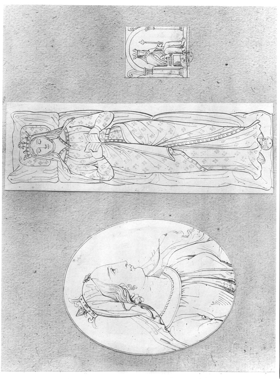 Eleonor av Akvitanien (ca 1122-1204): Porträtt i profil, liggande och på sin tron (se även 155489 och 158140) av French School