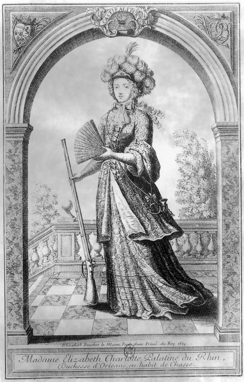 Elizabeth Charlotte av Pfalz, hertiginna av Orleans, i jaktdräkt, 1689 av French School