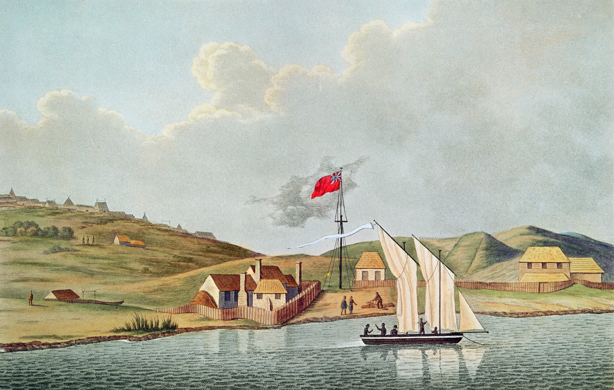 Engelska missionärer i Kidikidi, Nya Zeeland, från "Voyage Autour du Monde sur les Corvettes de l
