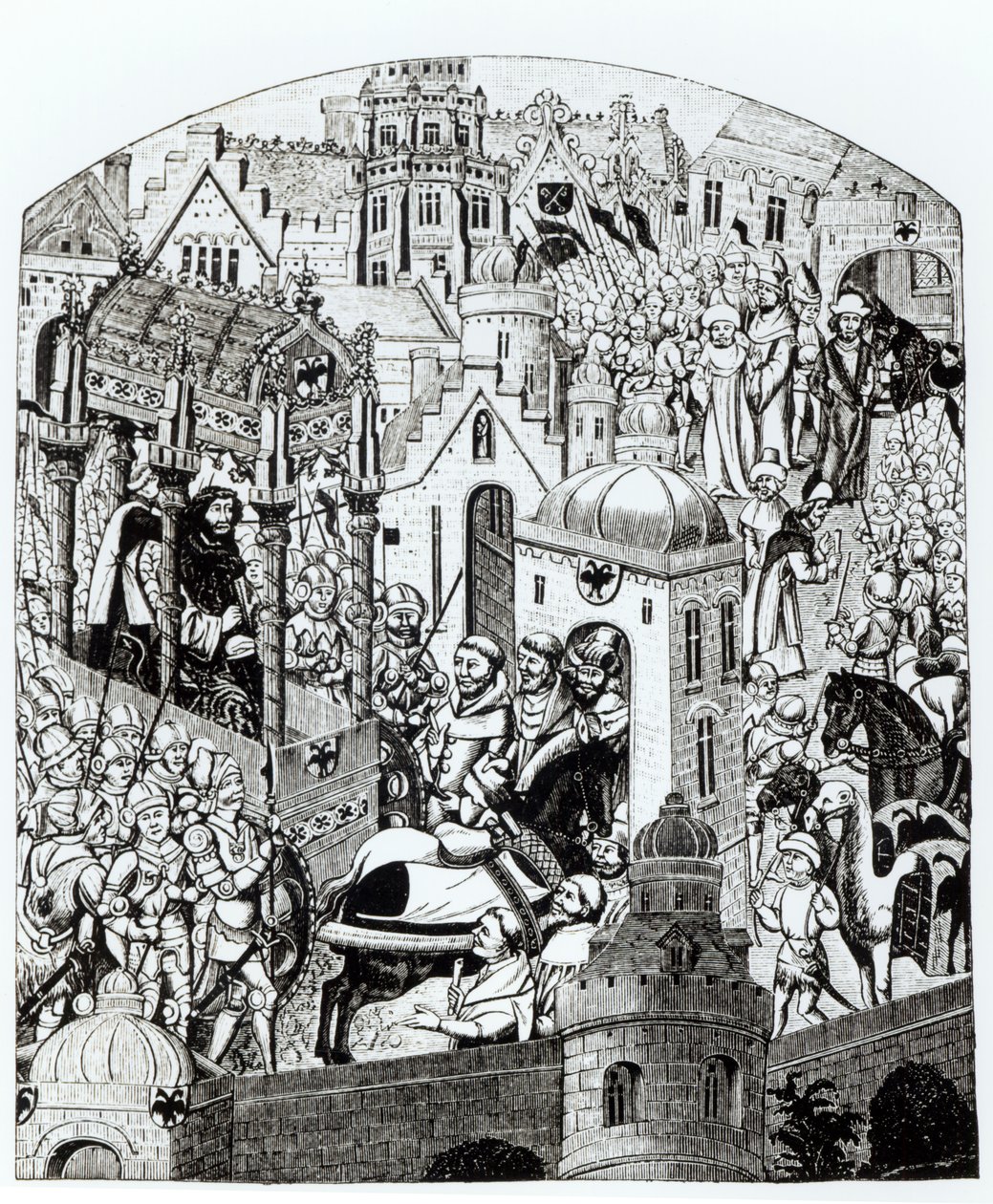 Faksimil av Karl den Stores kröning i staden Jerusalem från "Chroniques de Charlemagne" av French School