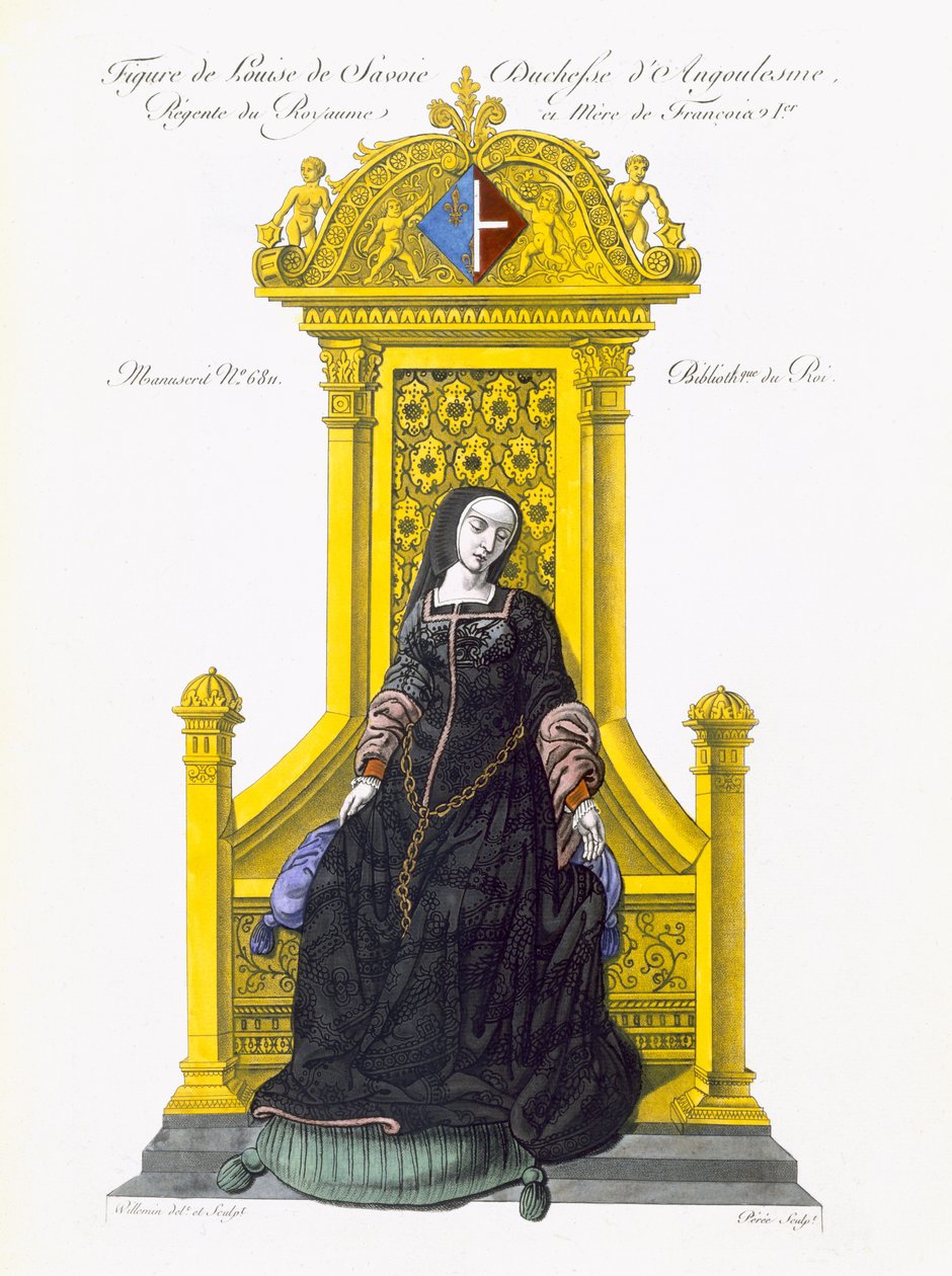 Figur av Louise de Savoie (akvatint i färg) av French School