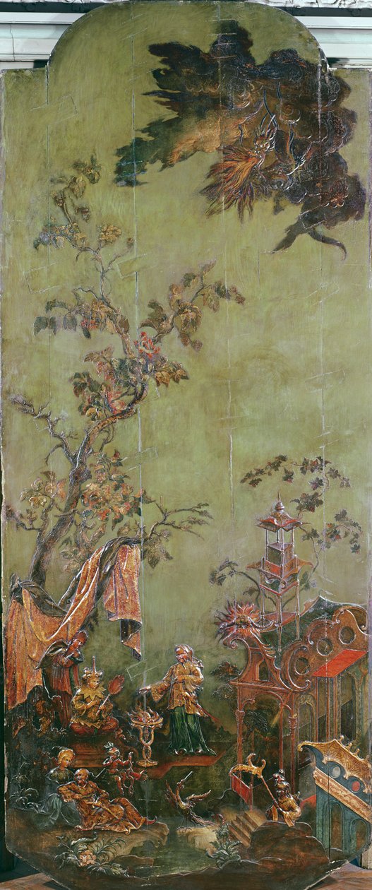 Eld, från en serie paneler föreställande de fyra elementen, c.1730 (polykromt trä) av French School