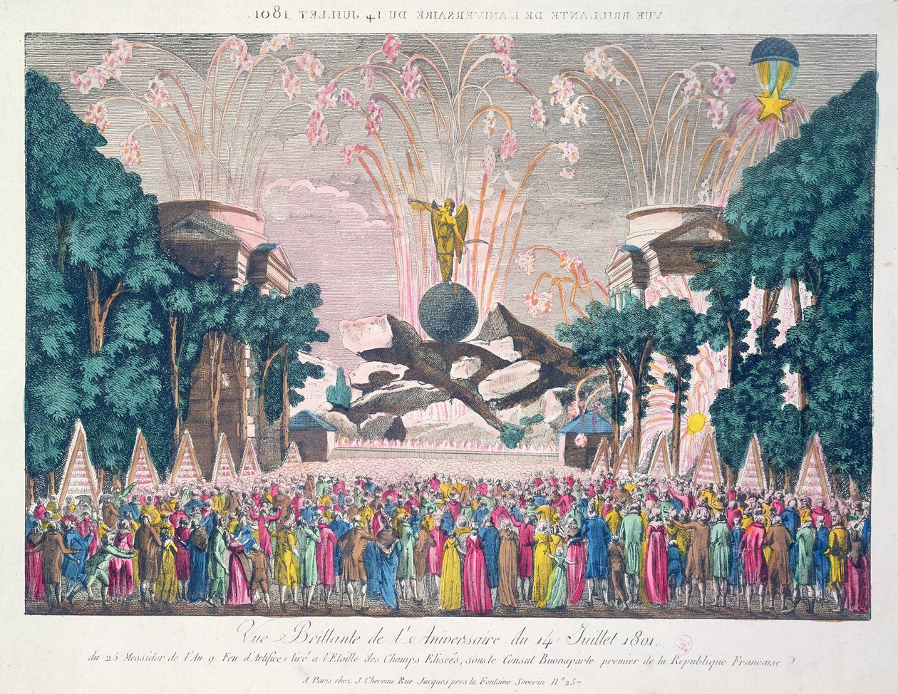 Fyrverkerier på Etoile, Champs-Elysees, Paris, för att fira årsdagen av den 14 juli 1801 av French School