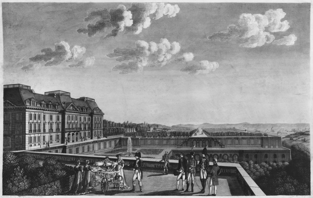 Första stegen av kungen av Rom på terrassen i Saint-Cloud, graverad av Dubois av French School