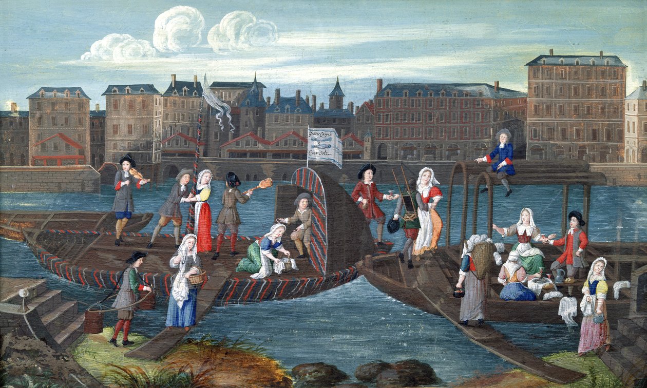 Fiskaffär och tvättbåt vid Quai de la Megisserie, ca 1670 av French School