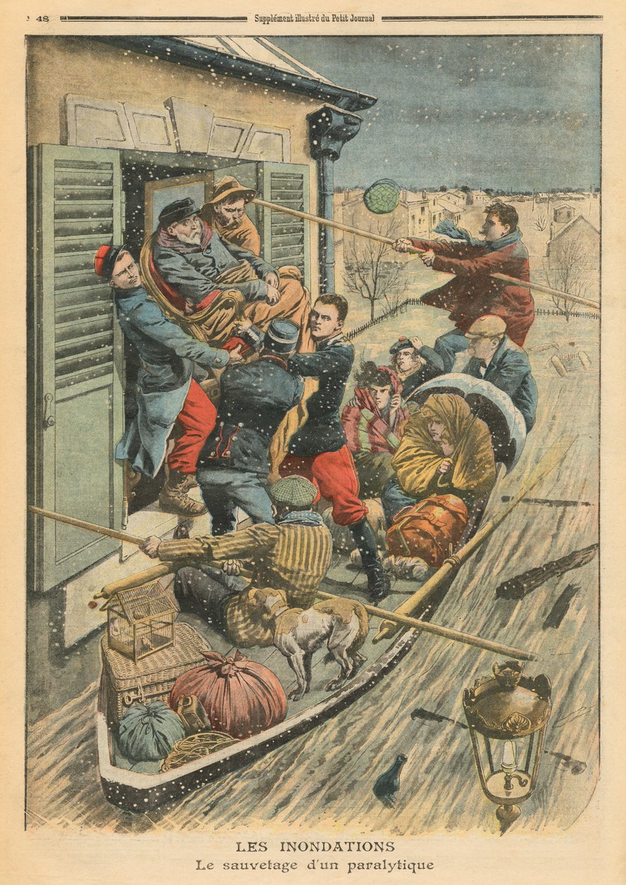 Översvämningar, räddning av en förlamad person, illustration från 
