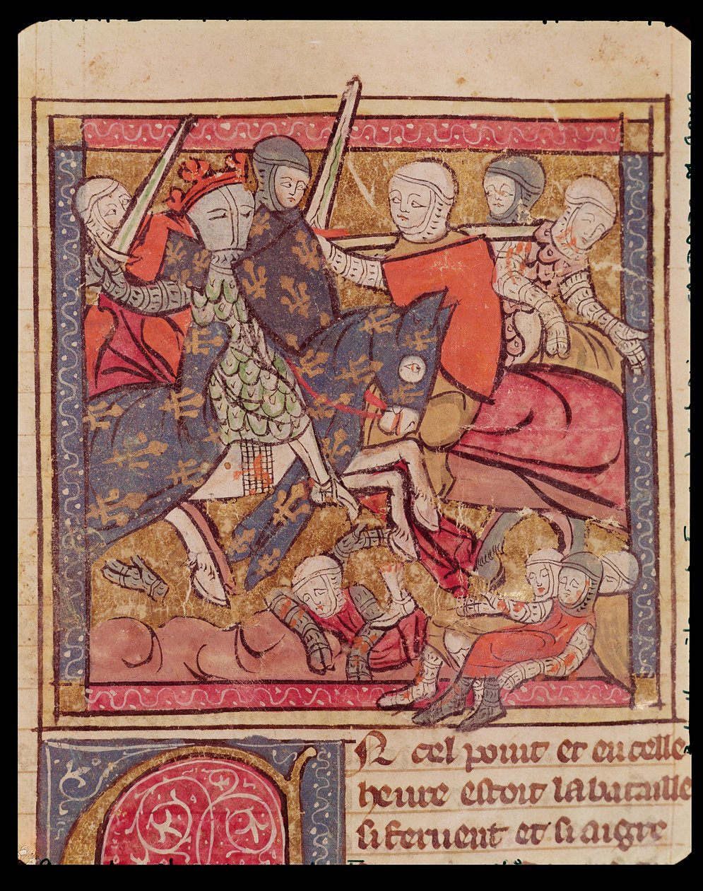 Fol.285r Fångsten av Ferdinand av Portugal (1186-1233) Greve av Flandern vid slaget vid Bouvines, 27 juli 1214, från Grandes Chroniques de France, 1375-79 av French School