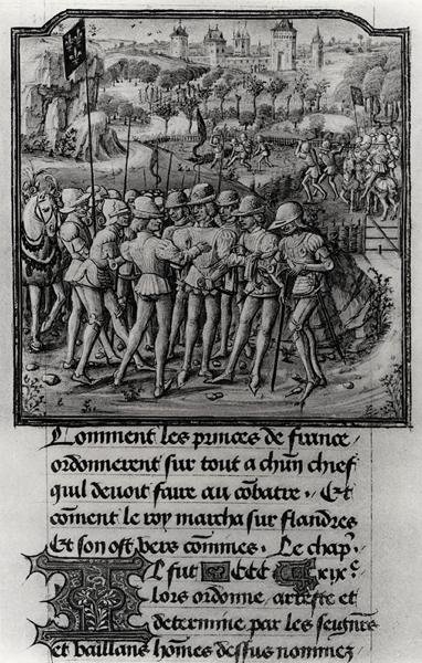 Fol.311 Krigsrådet av Philippe den djärve, hertig av Bourgogne, Jean de France, hertig av Berry och Louis II, hertig av Bourbon vid Senlis, från Froissarts Chronicle, c.1472 av French School
