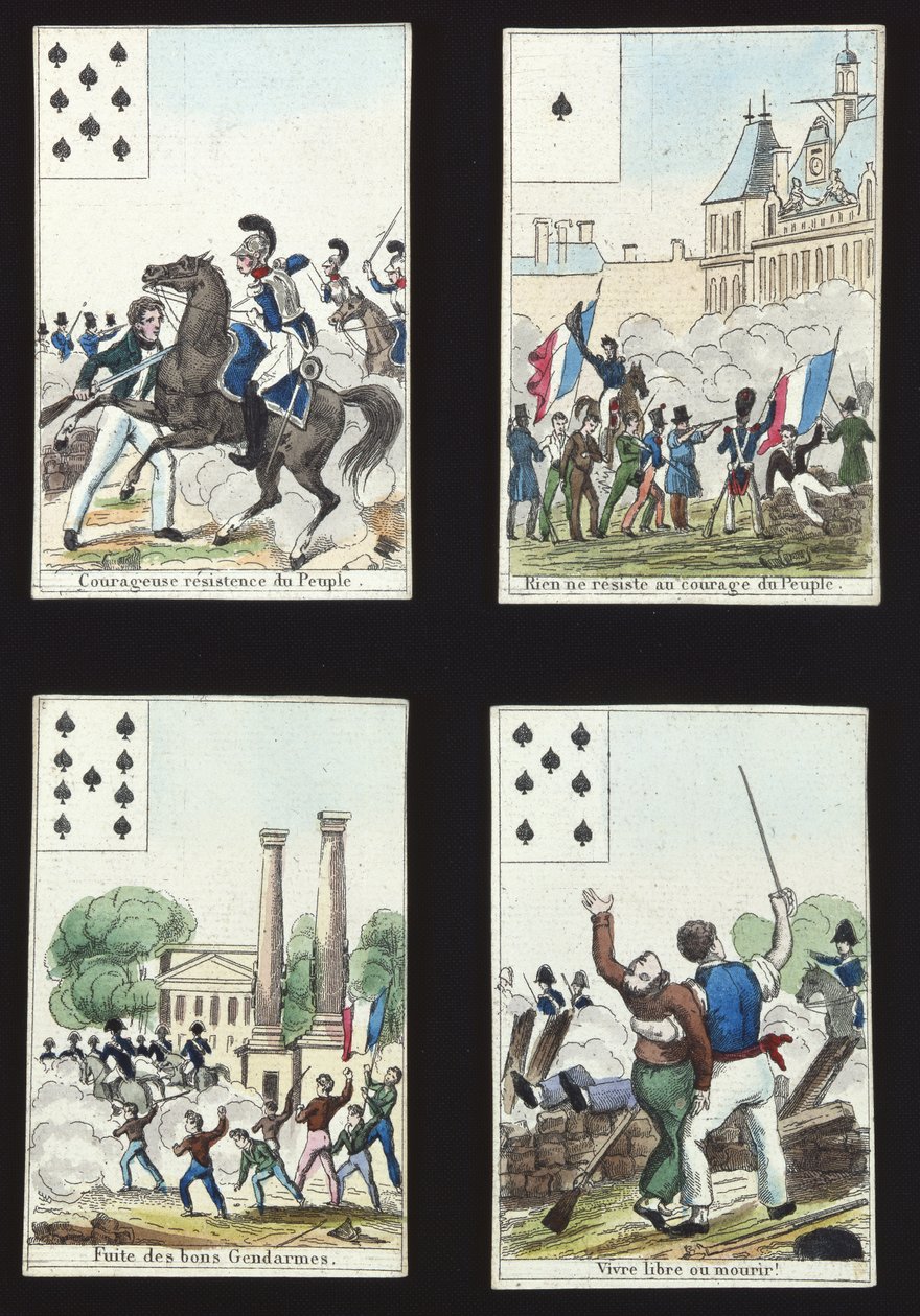 Fyra kort från ett paket illustrerade med propagandascener från 1830 års revolution, Paris, 1831 av French School