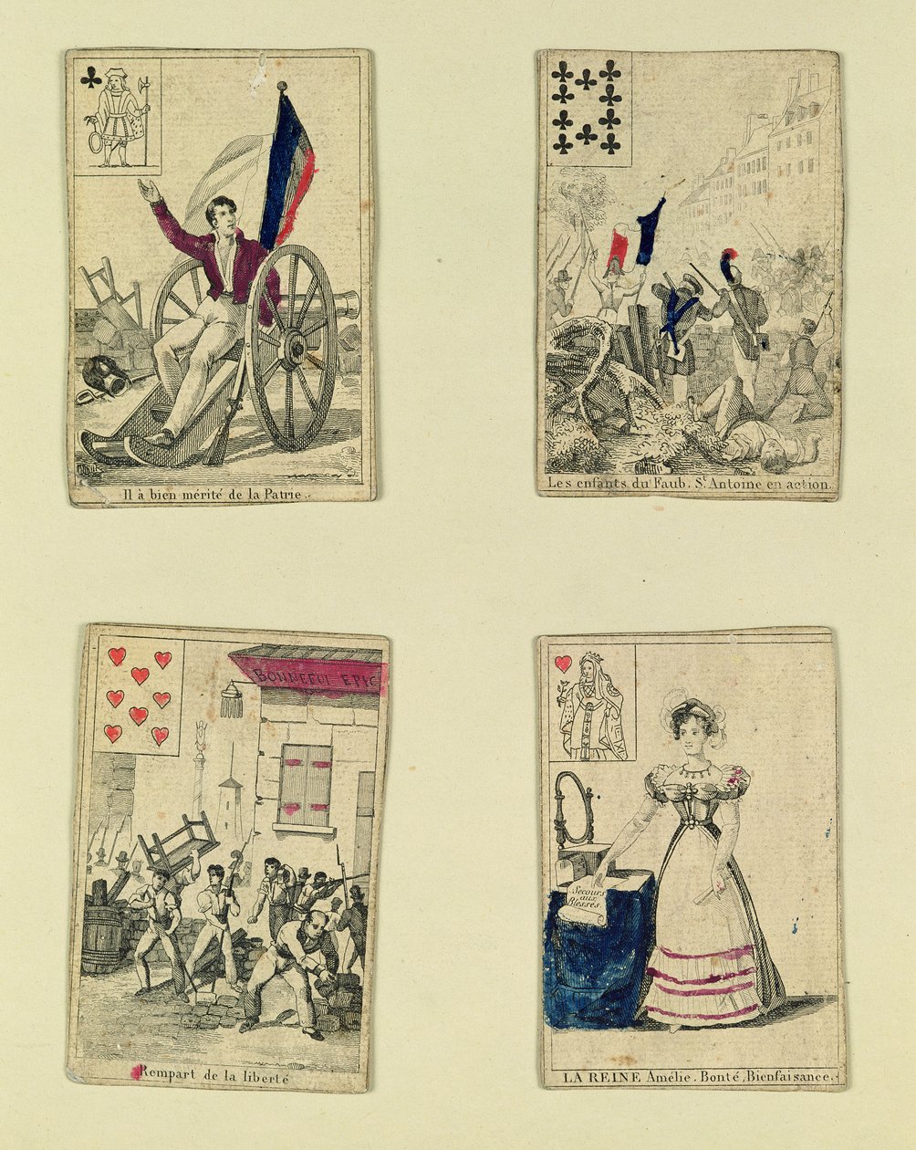 Fyra spelkort till minne av hjältarna från juli 1830, 1831 av French School