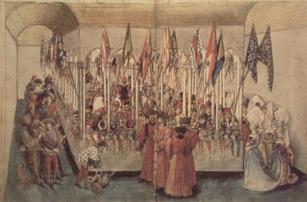 Fr 2695 f.67v Armory before a Tournament, från Livre des Tournois de Rene dAnjou, c.1488-89 av French School