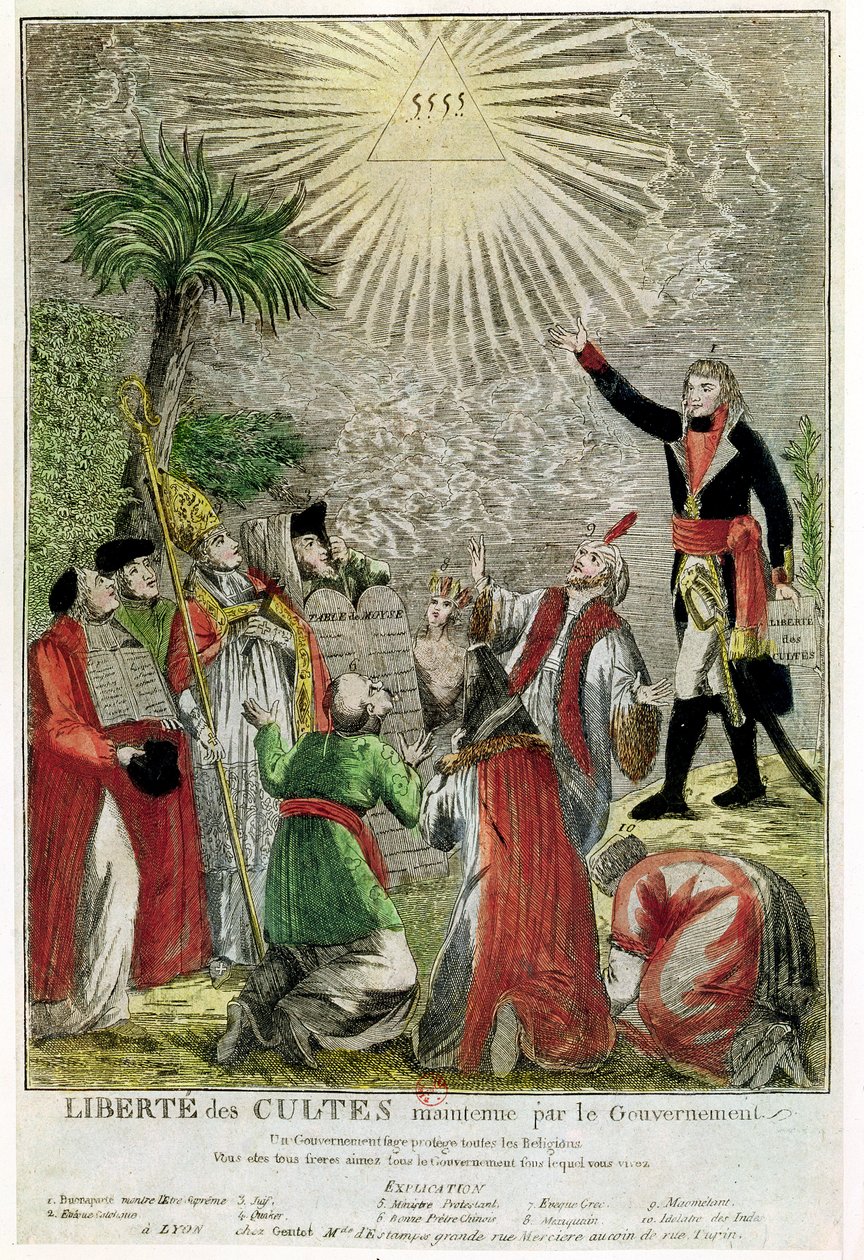 Gudstjänstfrihet under perioden av Napoleons konsulat, föreställande Napoleon som pekar mot det högsta väsendet, 1799 (färgstick) av French School