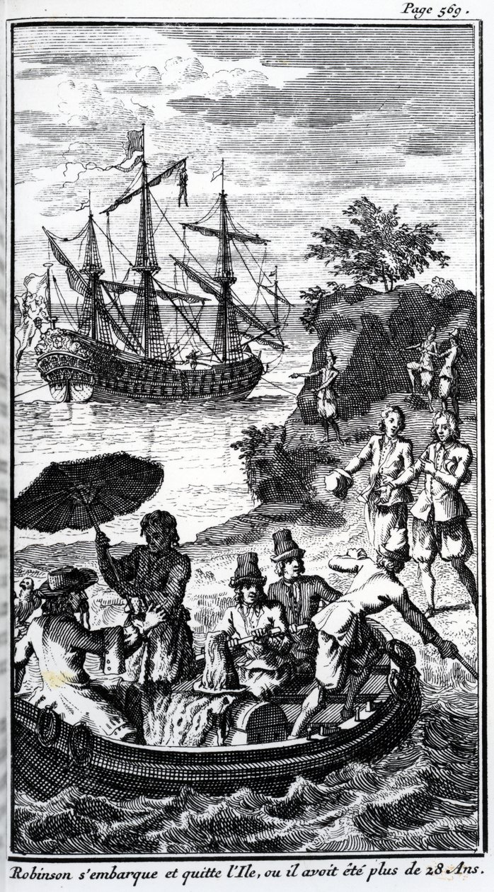 Fransk illustration för "Robinson Crusoe" av Daniel Defoe av French School