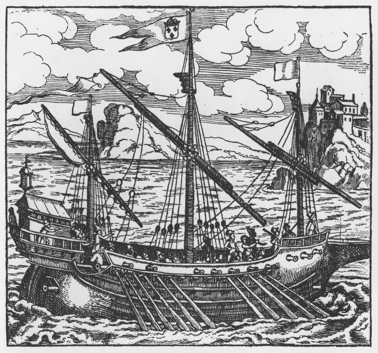 Fransk galär som verkar i hamnarna i Levanten sedan Ludvig XI (1423-83) (xylograf) av French School