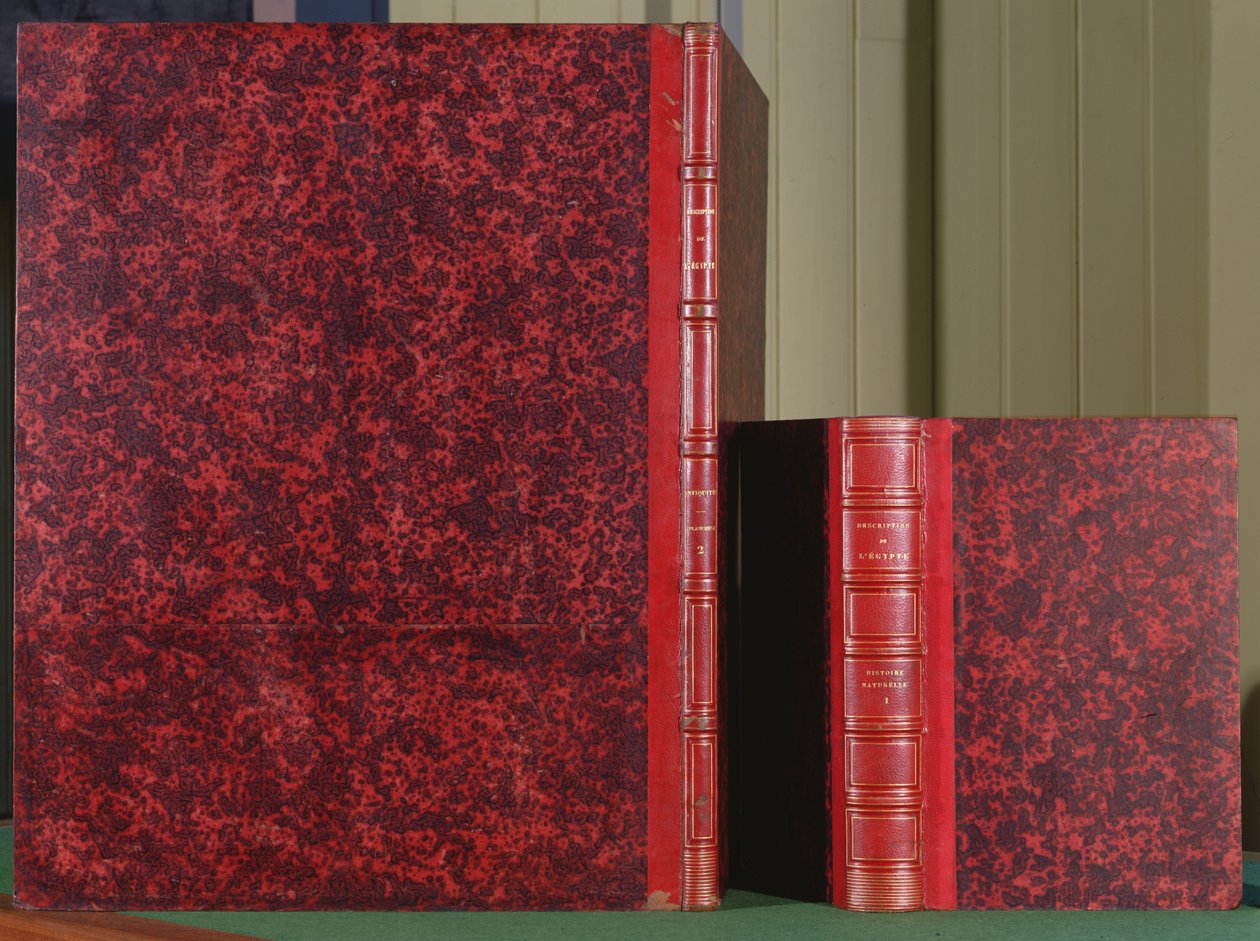 Framsidan av Description de lEgypte, bok 1, volym II, antikviteter, och baksidan av bok 8, volym I, Histoire Naturelle, 1809 (läder) av French School