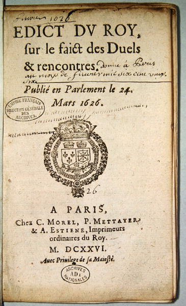 Frontispice från Edict du Roy sur le Faict des Duels et Rencontres, mars 1626 (tryck) av French School