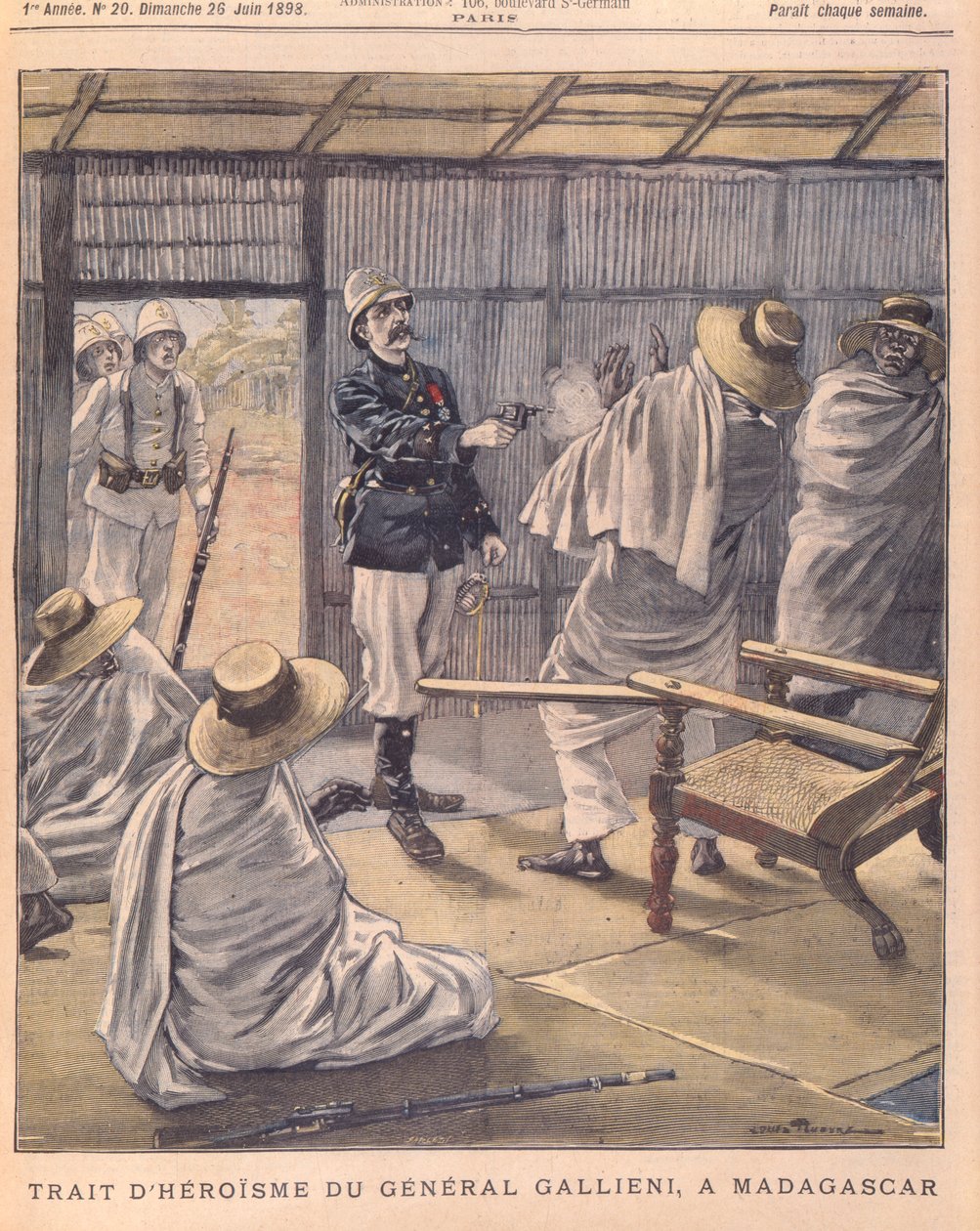 General Gallienis hjältedåd på Madagaskar, omslag till Le Petit Journal, 26 juni 1898 av French School