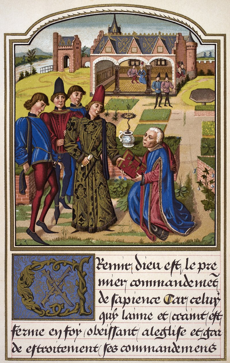 Georges Chastellain erbjuder sin bok till Charles, hertig av Bourgogne, från "Science and Literature in the Middle Ages" av Paul Lacroix (1806-84) publicerad i London 1878 av French School