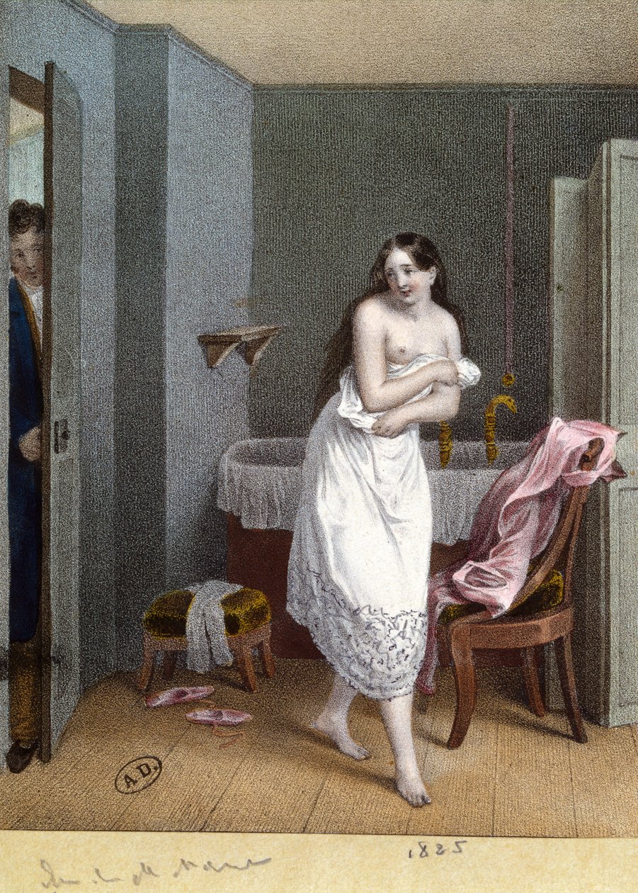 Flicka i ett badrum och man som öppnar dörren, 1825 av French School