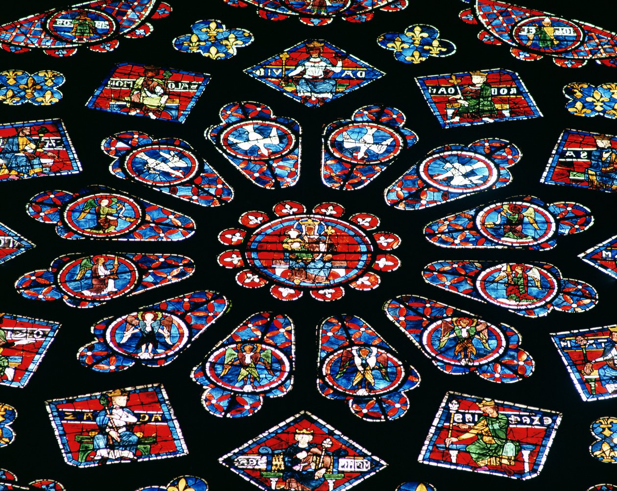 Förhärligande av Jungfru Maria, norra rosenfönster, ca 1223 (målat glas) (detalj) av French School