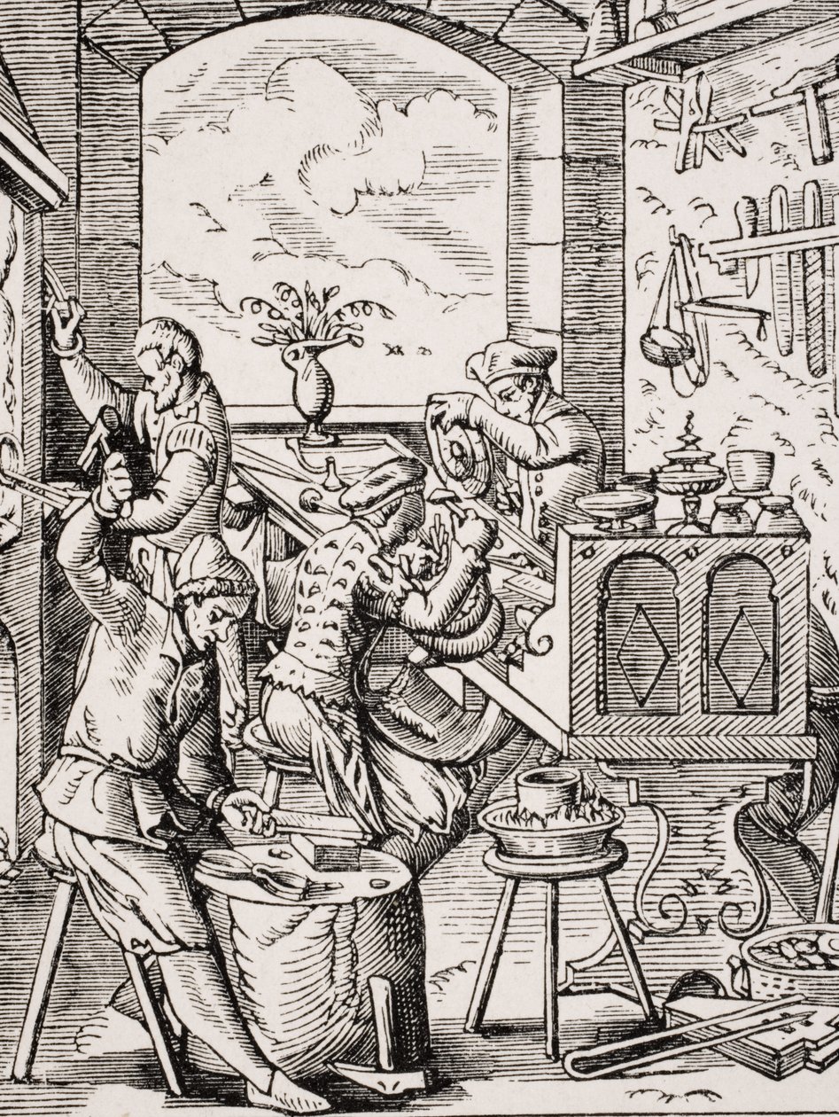 Guldsmed, reproduktion av ett träsnitt av Jost Amman (1539-91) från "Le Moyen Age et La Renaissance" av Paul Lacroix (1806-84) publicerad 1847. av French School