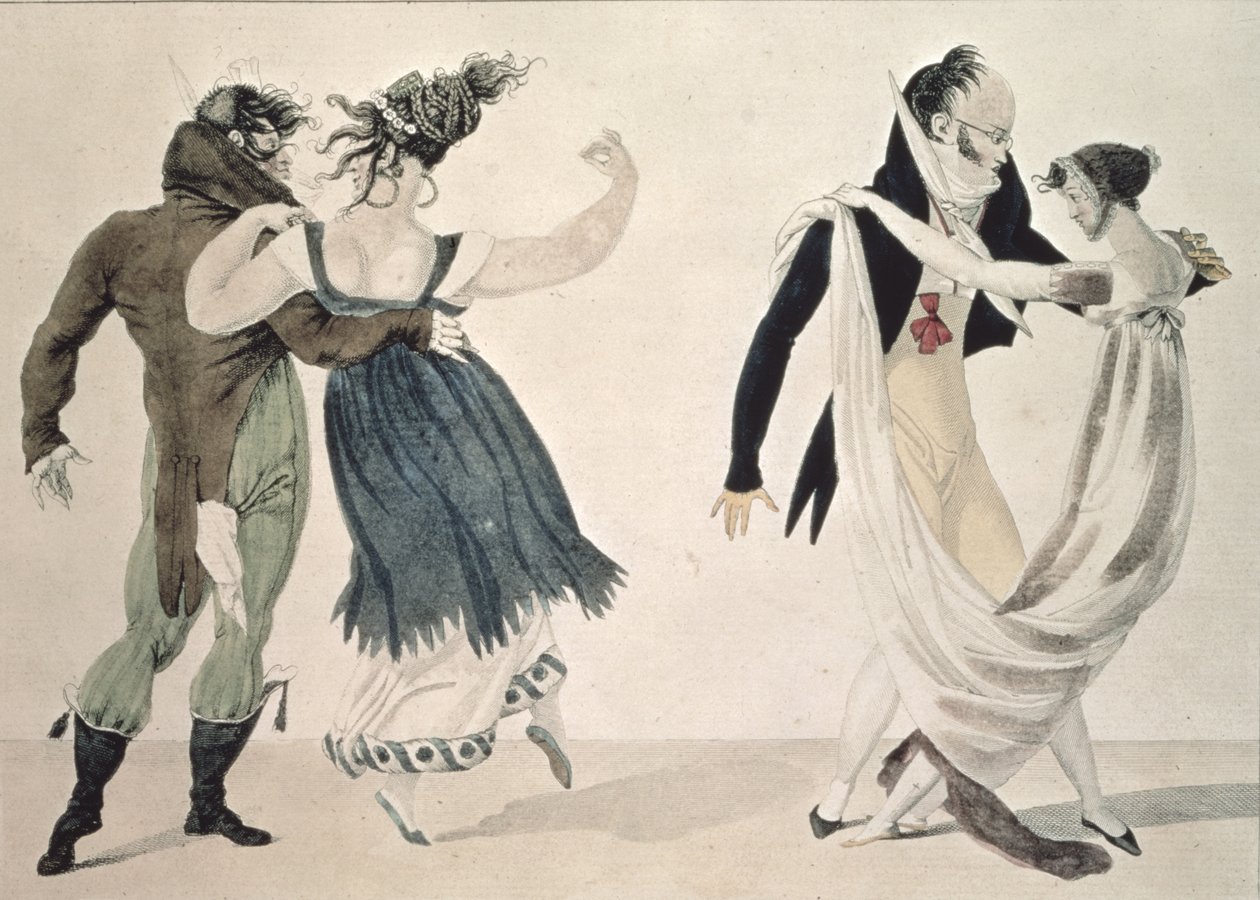 Good Form, No. 1: The Waltz, satirisk serie, c.1820 av French School