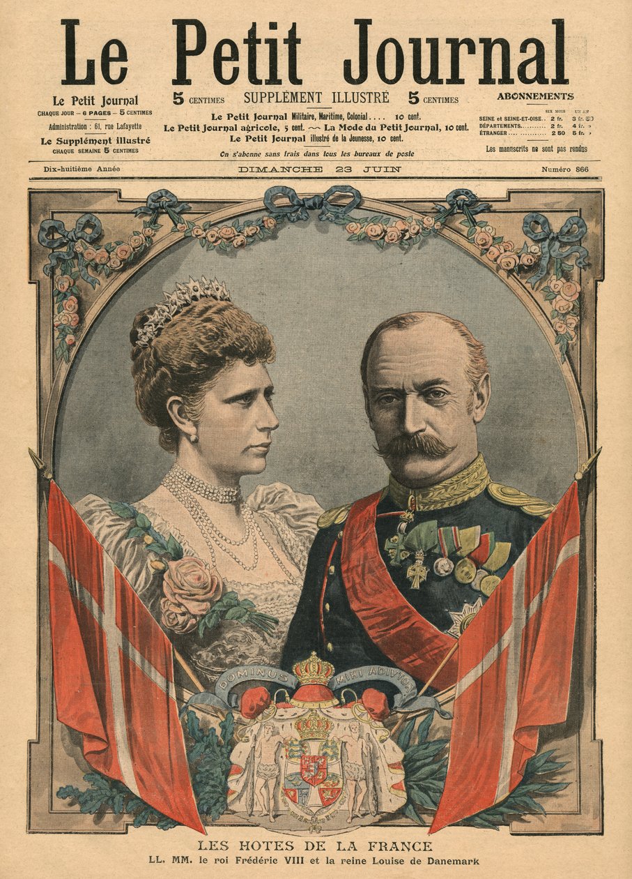 Gäster från Frankrike, kung Fredrik VIII (1843-1912) och drottning Louise (1851-1926) av Danmark, illustration från 