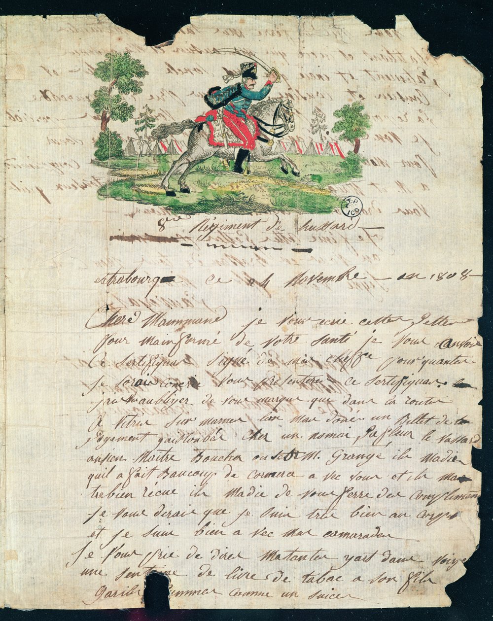 Illustrerat brev från en husar vid 8:e regementet till sin mor, 14 november 1808 (penna och bläck och wc på papper) av French School
